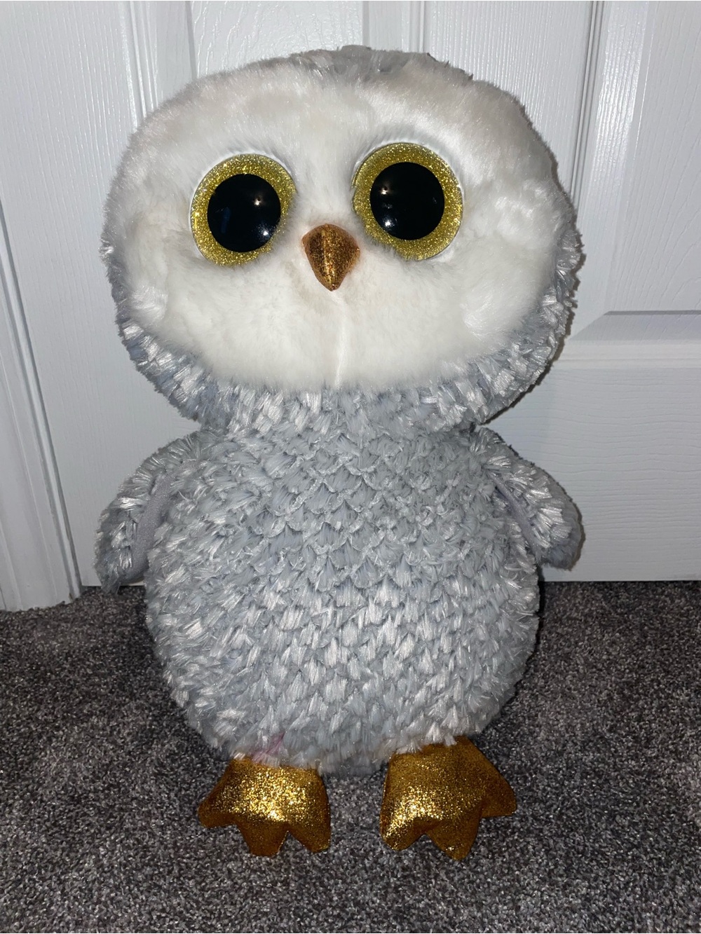 TY Plush Gray and White Owl Stuffed Animal with Gold Accents
